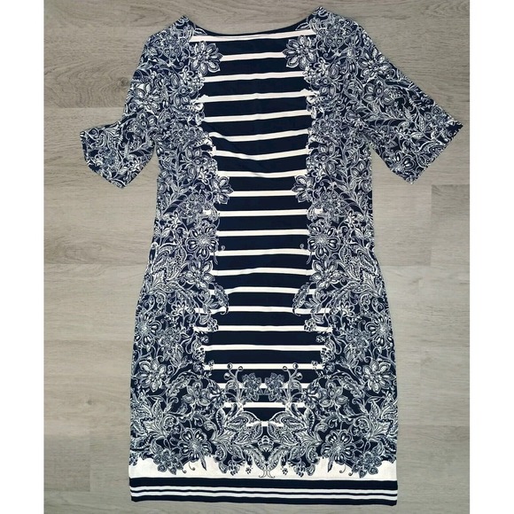 Roz & Ali Blue White Stripe Dress Stretch Office Casual  Knee Length Size Small - Picture 2 of 2